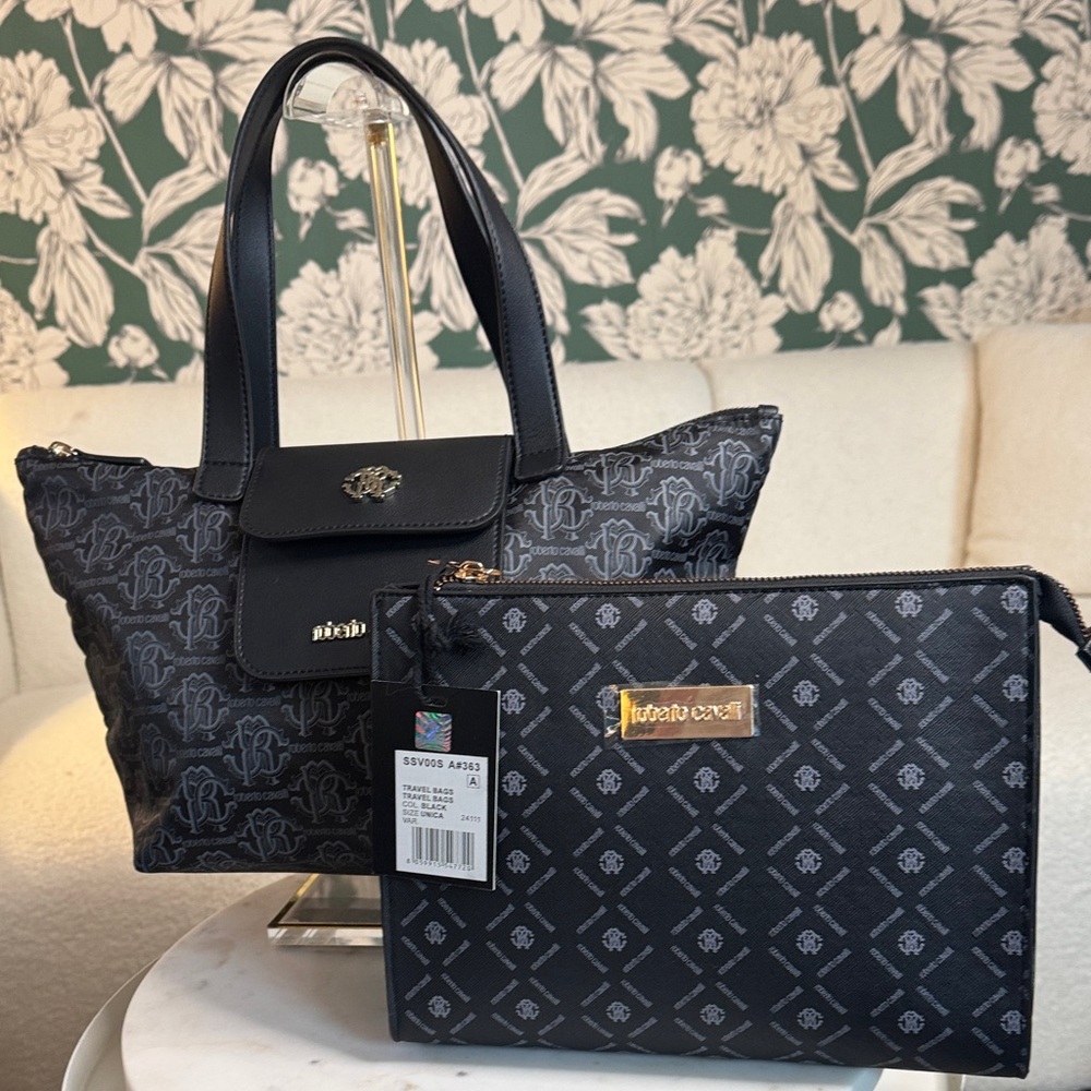 Roberto Cavalli Black Monogram Tote with Zip Pouch